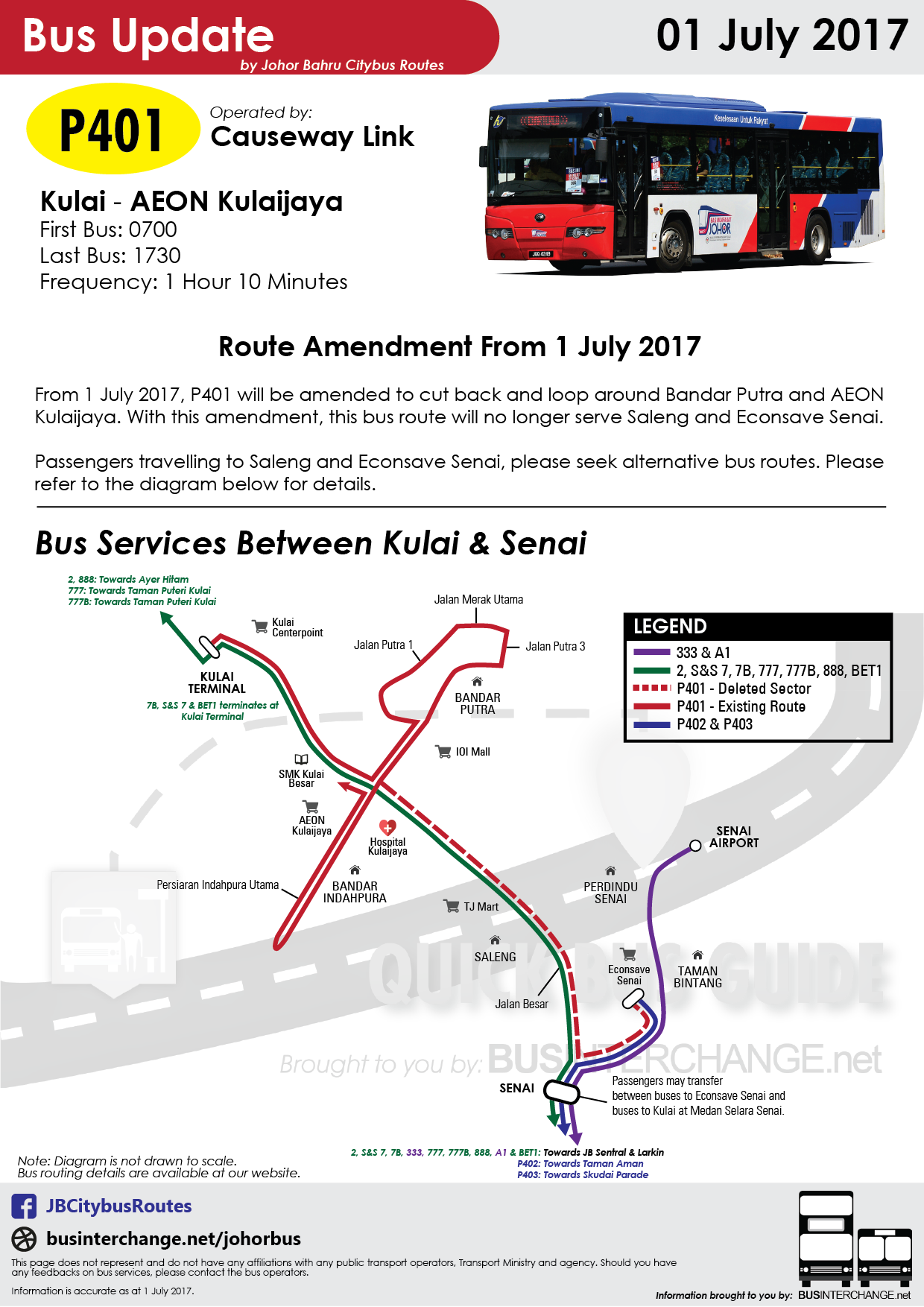 Route amendment poster of Bas Muafakat Johor P401. with a diagram for buses around Kulai and Senai. Route amendment poster of Bas Muafakat Johor P401. with a diagram for buses around Kulai and Senai.